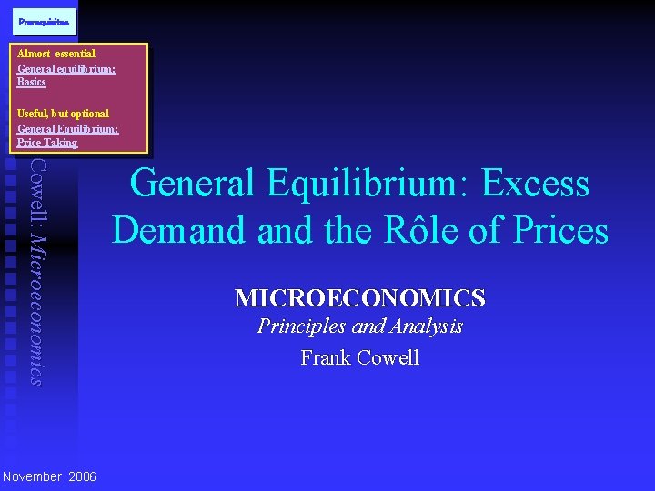 Prerequisites Almost essential General equilibrium: Basics Frank Cowell: Microeconomics Useful, but optional General Equilibrium: