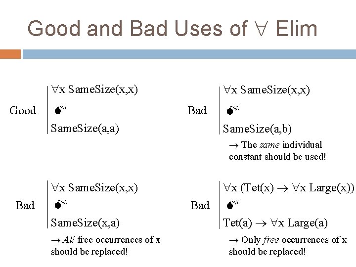 Good and Bad Uses of Elim x Same. Size(x, x) Good Same. Size(a, a)