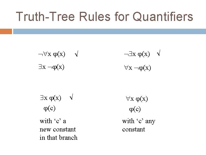 Truth-Tree Rules for Quantifiers x (x) x (x) x (x) (c) x (x) x