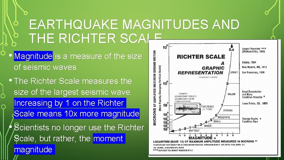 EARTHQUAKE MAGNITUDES AND THE RICHTER SCALE • Magnitude is a measure of the size
