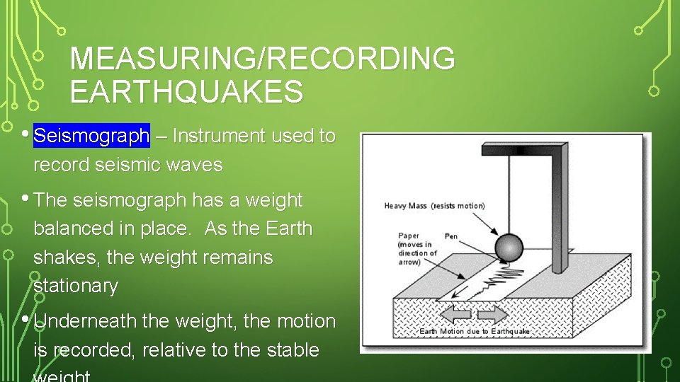 MEASURING/RECORDING EARTHQUAKES • Seismograph – Instrument used to record seismic waves • The seismograph