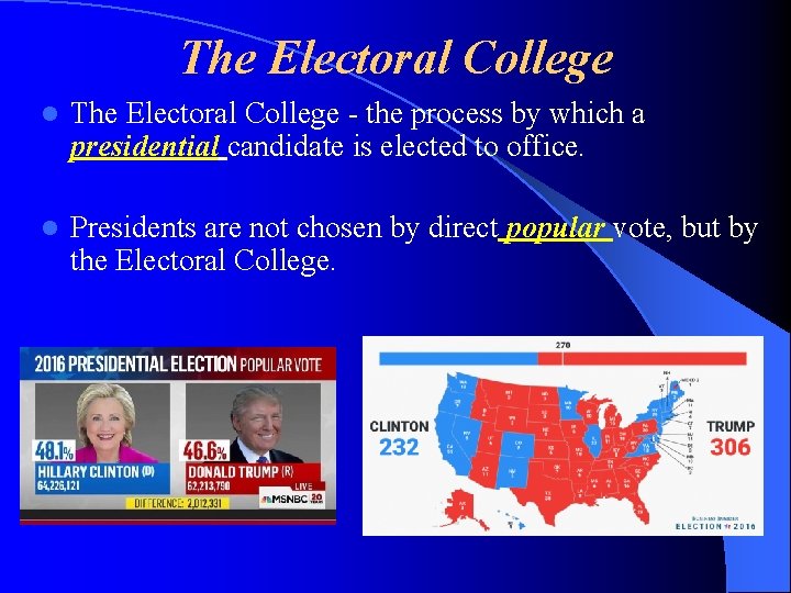 The Electoral College l The Electoral College - the process by which a presidential