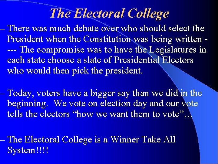 The Electoral College – There was much debate over who should select the President