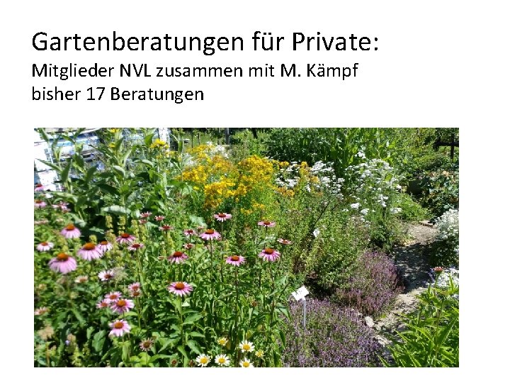 Gartenberatungen für Private: Mitglieder NVL zusammen mit M. Kämpf bisher 17 Beratungen 