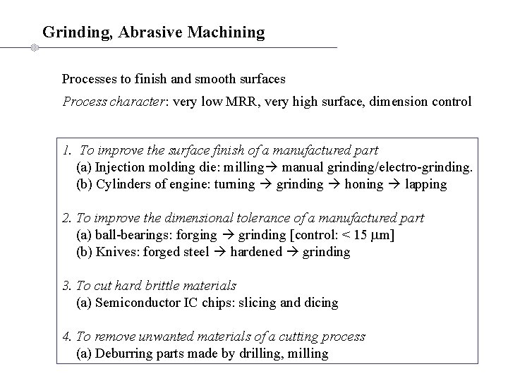 Grinding, Abrasive Machining Processes to finish and smooth surfaces Process character: very low MRR,