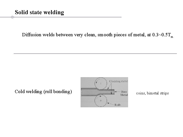 Solid state welding Diffusion welds between very clean, smooth pieces of metal, at 0.