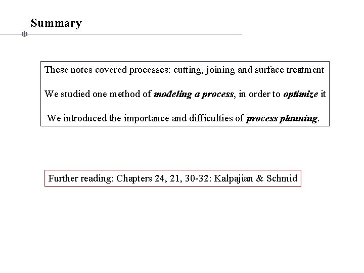 Summary These notes covered processes: cutting, joining and surface treatment We studied one method