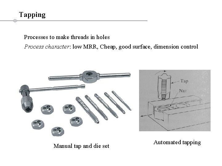 Tapping Processes to make threads in holes Process character: low MRR, Cheap, good surface,