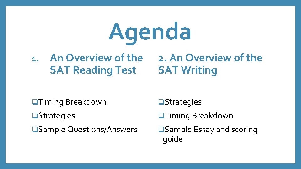 Agenda 1. An Overview of the SAT Reading Test 2. An Overview of the