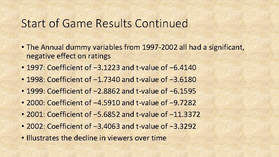 Start of Game Results Continued • The Annual dummy variables from 1997 -2002 all