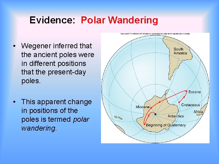 Evidence: Polar Wandering • Wegener inferred that the ancient poles were in different positions Evidence: Polar Wandering • Wegener inferred that the ancient poles were in different positions
