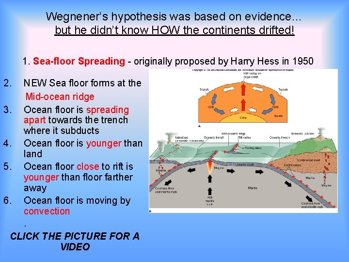 Wegnener’s hypothesis was based on evidence… but he didn’t know HOW the continents drifted! Wegnener’s hypothesis was based on evidence… but he didn’t know HOW the continents drifted!