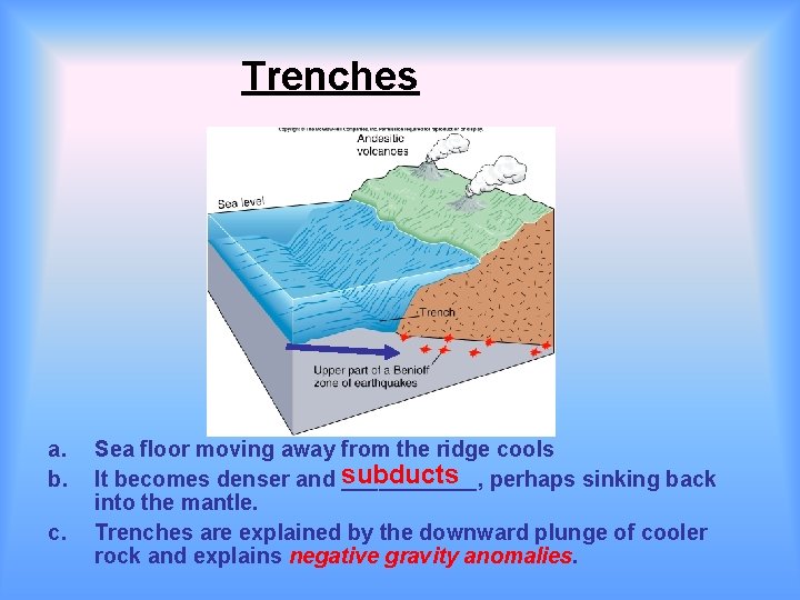 Trenches a. b. c. Sea floor moving away from the ridge cools It becomes Trenches a. b. c. Sea floor moving away from the ridge cools It becomes