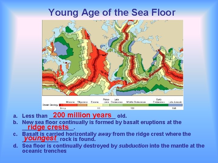 Young Age of the Sea Floor 200 million years old. a. Less than ___________ Young Age of the Sea Floor 200 million years old. a. Less than ___________
