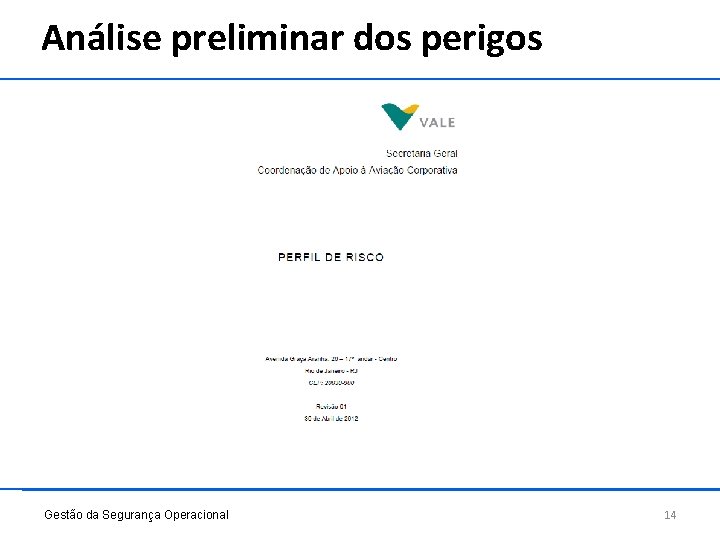 Análise preliminar dos perigos Gestão da Segurança Operacional 14 