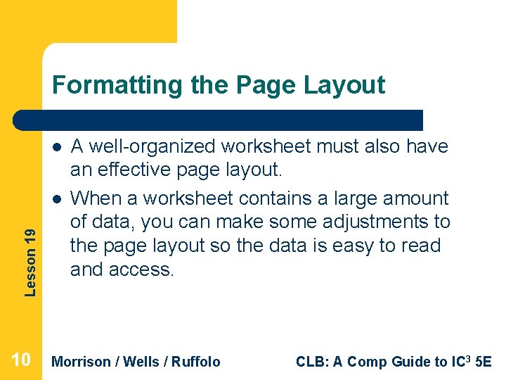 Formatting the Page Layout l Lesson 19 l 10 A well-organized worksheet must also