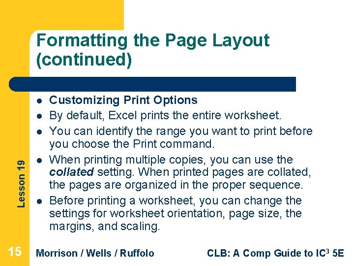 Formatting the Page Layout (continued) l l Lesson 19 l 15 l l Customizing