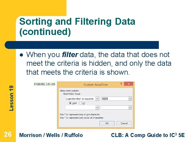 Sorting and Filtering Data (continued) When you filter data, the data that does not