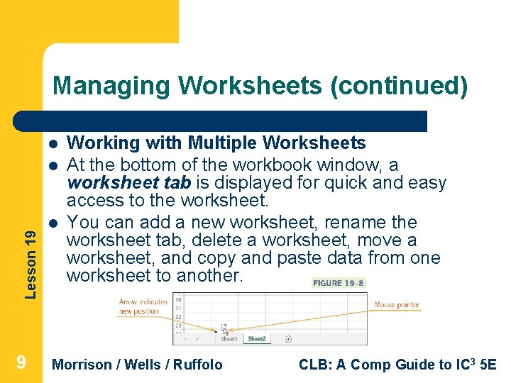 Managing Worksheets (continued) l Lesson 19 l Working with Multiple Worksheets At the bottom