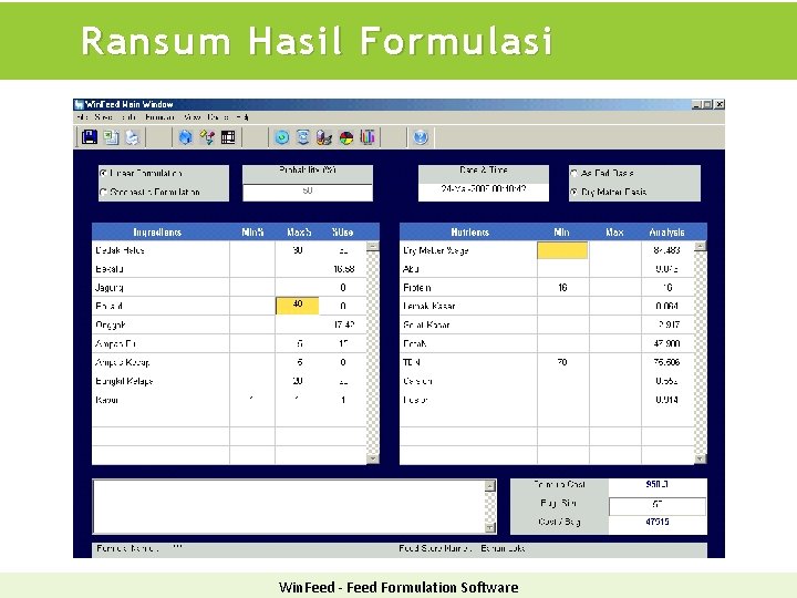 Ransum Hasil Formulasi Win. Feed - Feed Formulation Software 