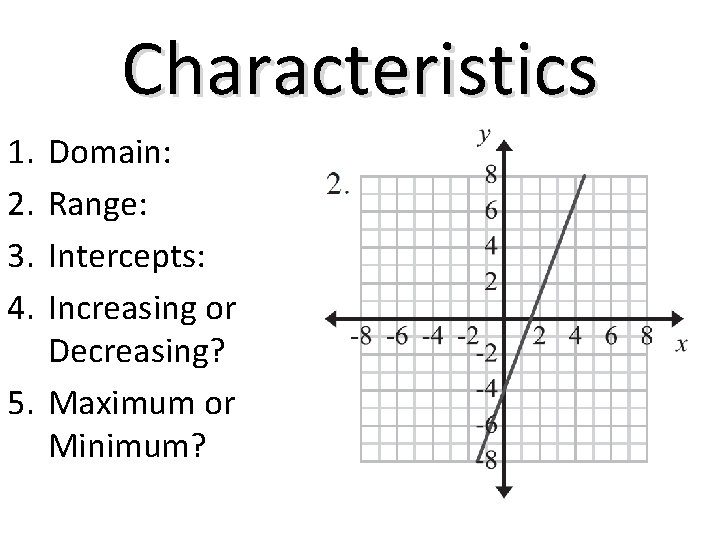 Characteristics 1. 2. 3. 4. Domain: Range: Intercepts: Increasing or Decreasing? 5. Maximum or