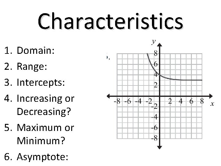Characteristics 1. 2. 3. 4. Domain: Range: Intercepts: Increasing or Decreasing? 5. Maximum or