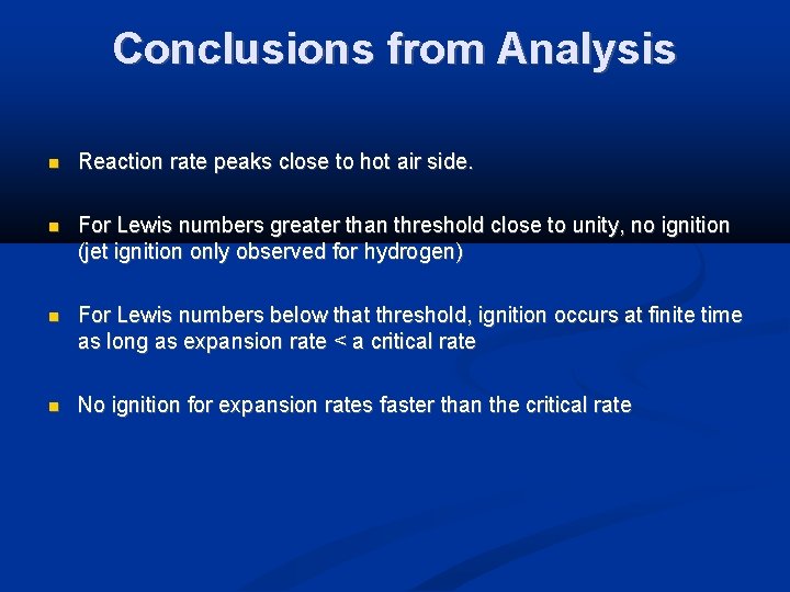 Conclusions from Analysis Reaction rate peaks close to hot air side. For Lewis numbers