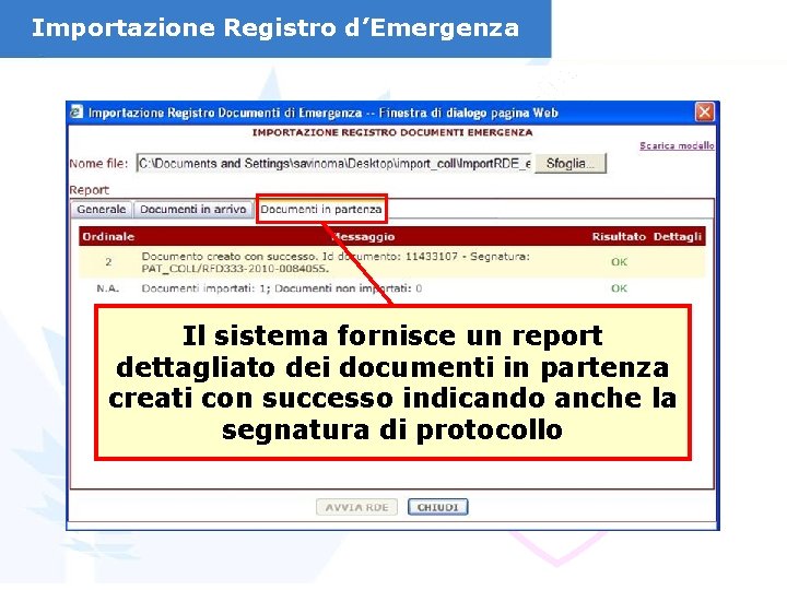Importazione Registro d’Emergenza Il sistema fornisce un report dettagliato dei documenti in partenza creati