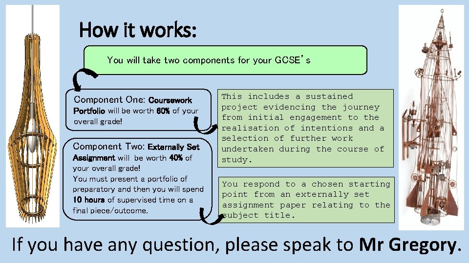 How it works: You will take two components for your GCSE’s Component One: Coursework