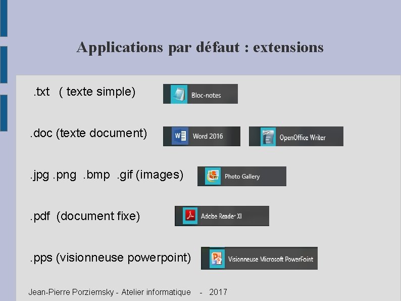 Applications par défaut : extensions. txt ( texte simple). doc (texte document). jpg. png.