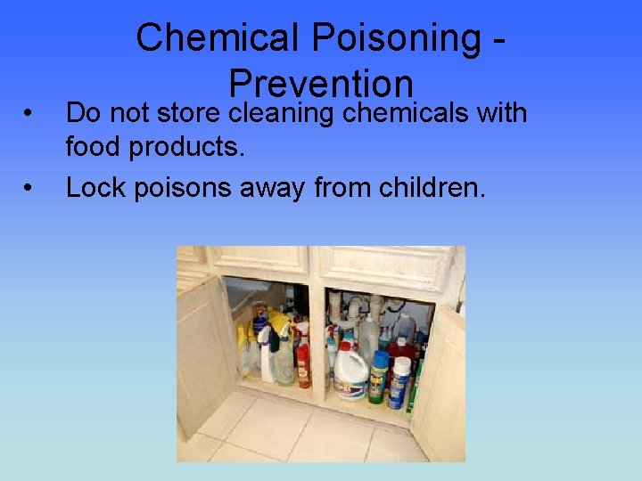  • • Chemical Poisoning Prevention Do not store cleaning chemicals with food products.