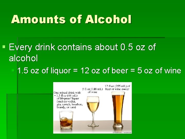 Amounts of Alcohol § Every drink contains about 0. 5 oz of alcohol §