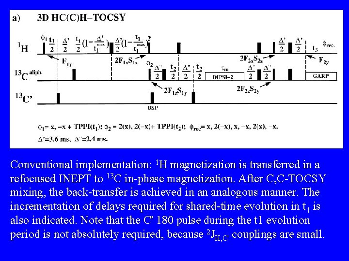 Conventional implementation: 1 H magnetization is transferred in a refocused INEPT to 13 C