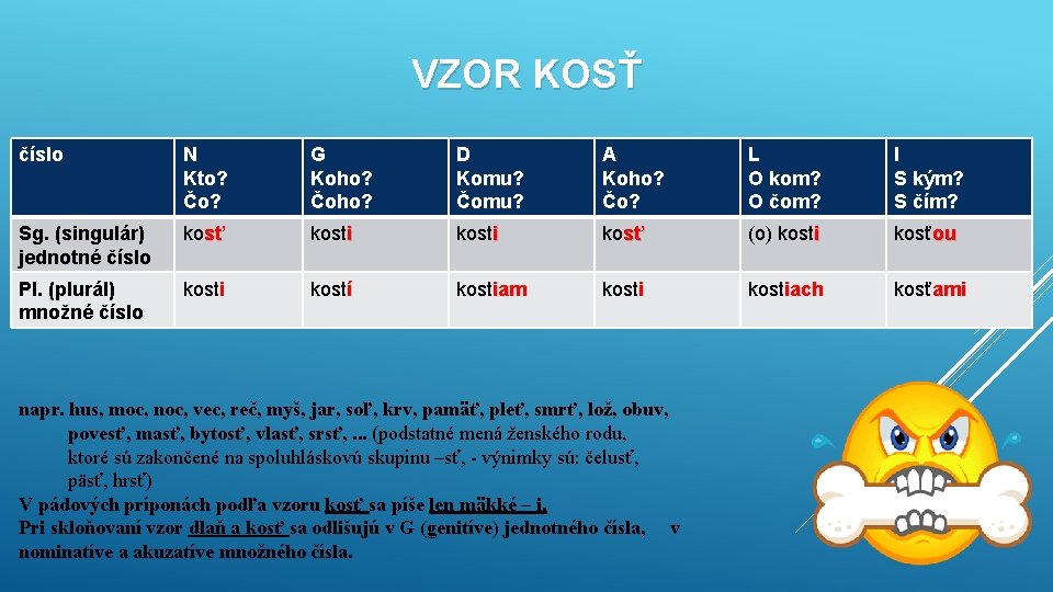 VZOR KOSŤ číslo N Kto? Čo? G Koho? Čoho? D Komu? Čomu? A Koho?