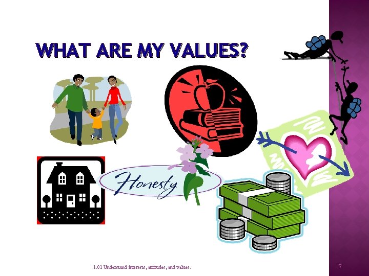 WHAT ARE MY VALUES? 1. 01 Understand interests, attitudes, and values. 7 
