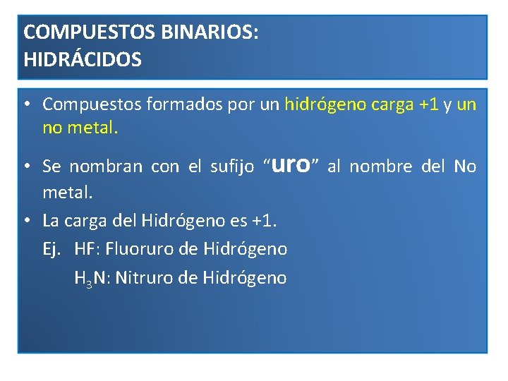 COMPUESTOS BINARIOS: HIDRÁCIDOS • Compuestos formados por un hidrógeno carga +1 y un no