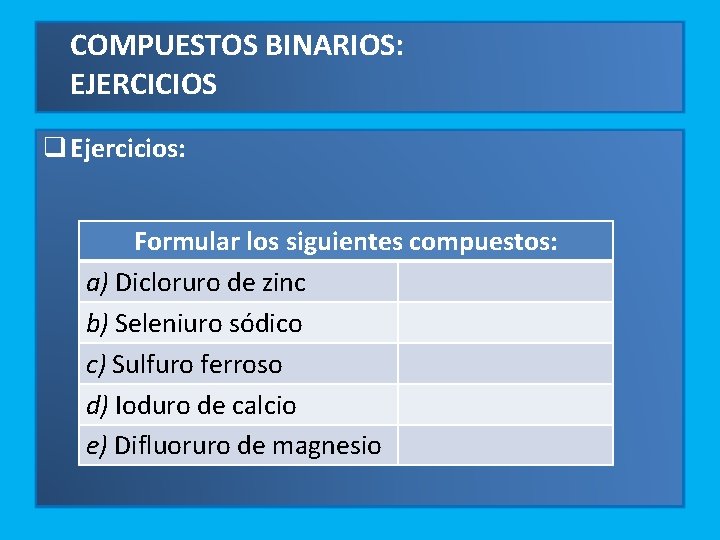 COMPUESTOS BINARIOS: EJERCICIOS q Ejercicios: Formular los siguientes compuestos: a) Dicloruro de zinc b)