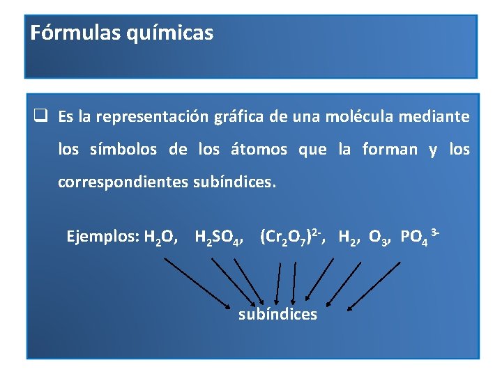 Fórmulas químicas q Es la representación gráfica de una molécula mediante los símbolos de