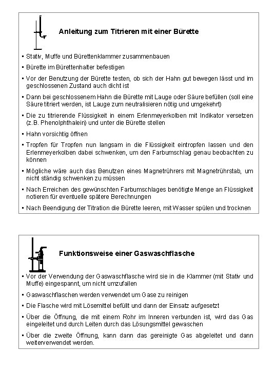 Anleitung zum Titrieren mit einer Bürette • Stativ, Muffe und Bürettenklammer zusammenbauen • Bürette