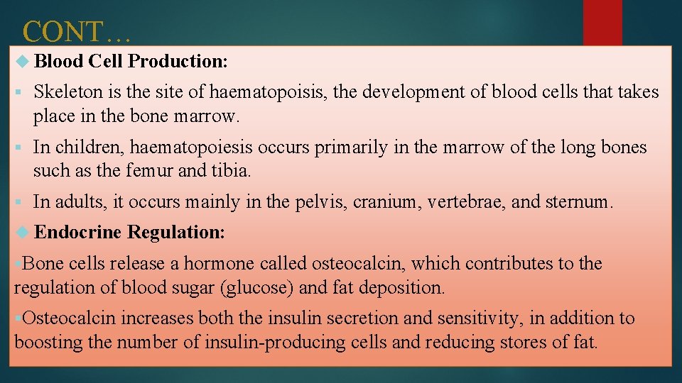 CONT… Blood Cell Production: § Skeleton is the site of haematopoisis, the development of
