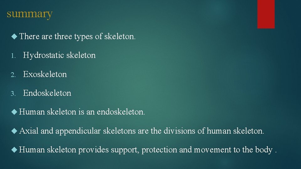 summary There are three types of skeleton. 1. Hydrostatic skeleton 2. Exoskeleton 3. Endoskeleton