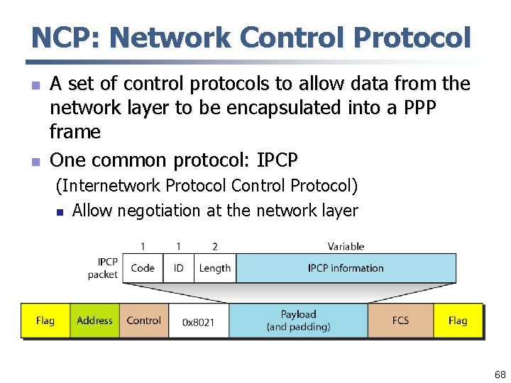 NCP: Network Control Protocol n n A set of control protocols to allow data