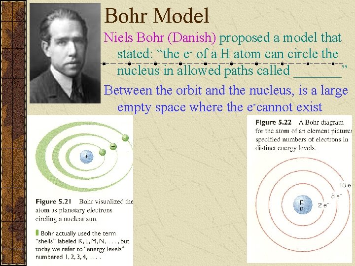 Bohr Model Niels Bohr (Danish) proposed a model that stated: “the e- of a