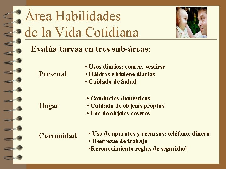 Área Habilidades de la Vida Cotidiana Evalúa tareas en tres sub-áreas: Personal • Usos