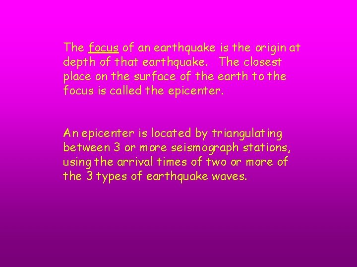 The focus of an earthquake is the origin at depth of that earthquake. The