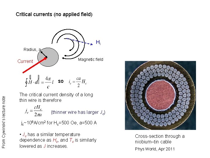 Critical currents (no applied field) Hi Radius, a Magnetic field Current From Cywinski’s lecture