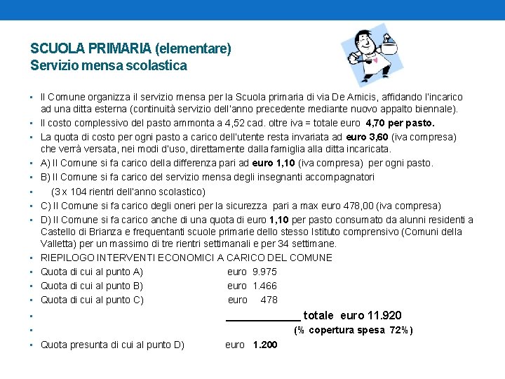 SCUOLA PRIMARIA (elementare) Servizio mensa scolastica • Il Comune organizza il servizio mensa per