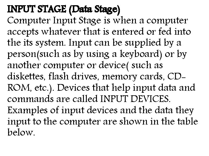 INPUT STAGE (Data Stage) Computer Input Stage is when a computer accepts whatever that