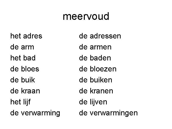 meervoud het adres de arm het bad de bloes de buik de kraan het