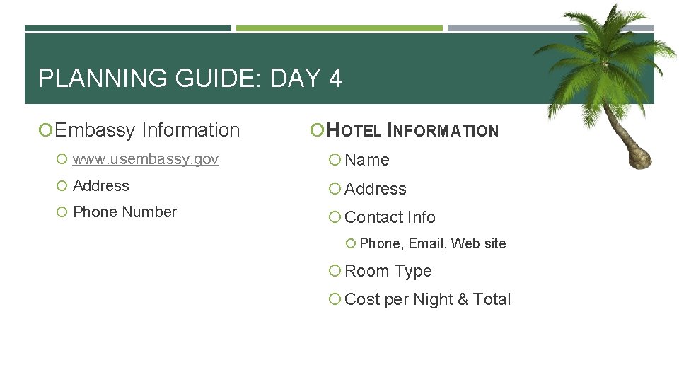 PLANNING GUIDE: DAY 4 Embassy Information HOTEL INFORMATION www. usembassy. gov Name Address Phone